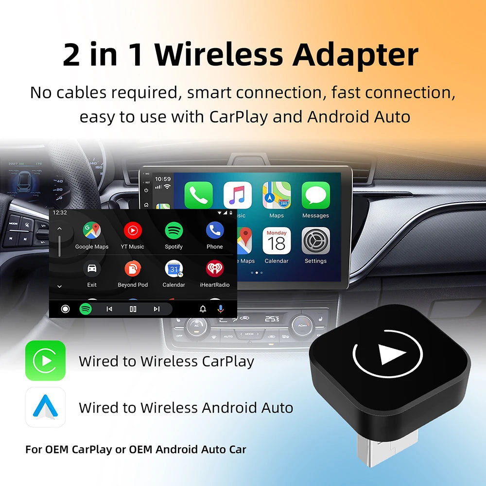 Wireless CarPlay & Android Auto Adapter – USB Mini Dongle Plug & Play for VW, Toyota, Nissan, Honda, Ford, Benz