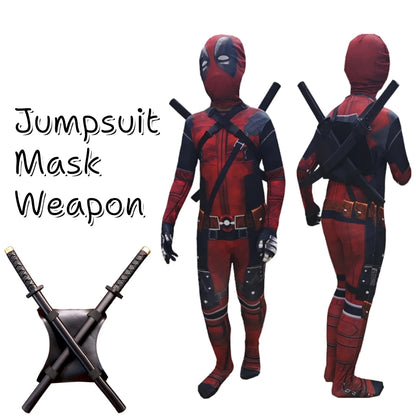 Adult & Kids Deadpool Cosplay Costume – Superhero Jumpsuit with Mask & Swords for Boys