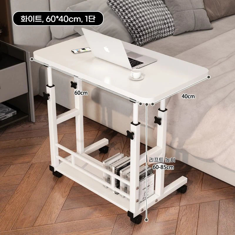Double-Layer Movable Desk – Bedside Laptop Table with Storage Shelf, White Lift Office & Bedroom Desk