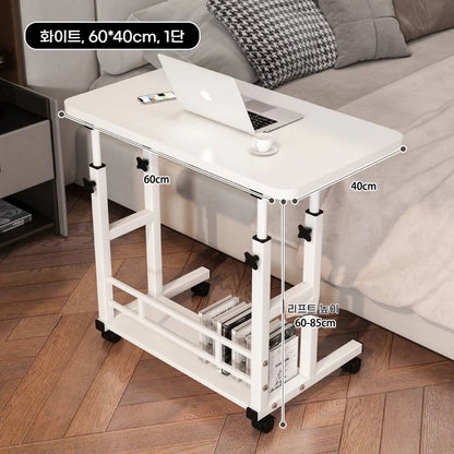 Double-Layer Movable Desk – Bedside Laptop Table with Storage Shelf, White Lift Office & Bedroom Desk