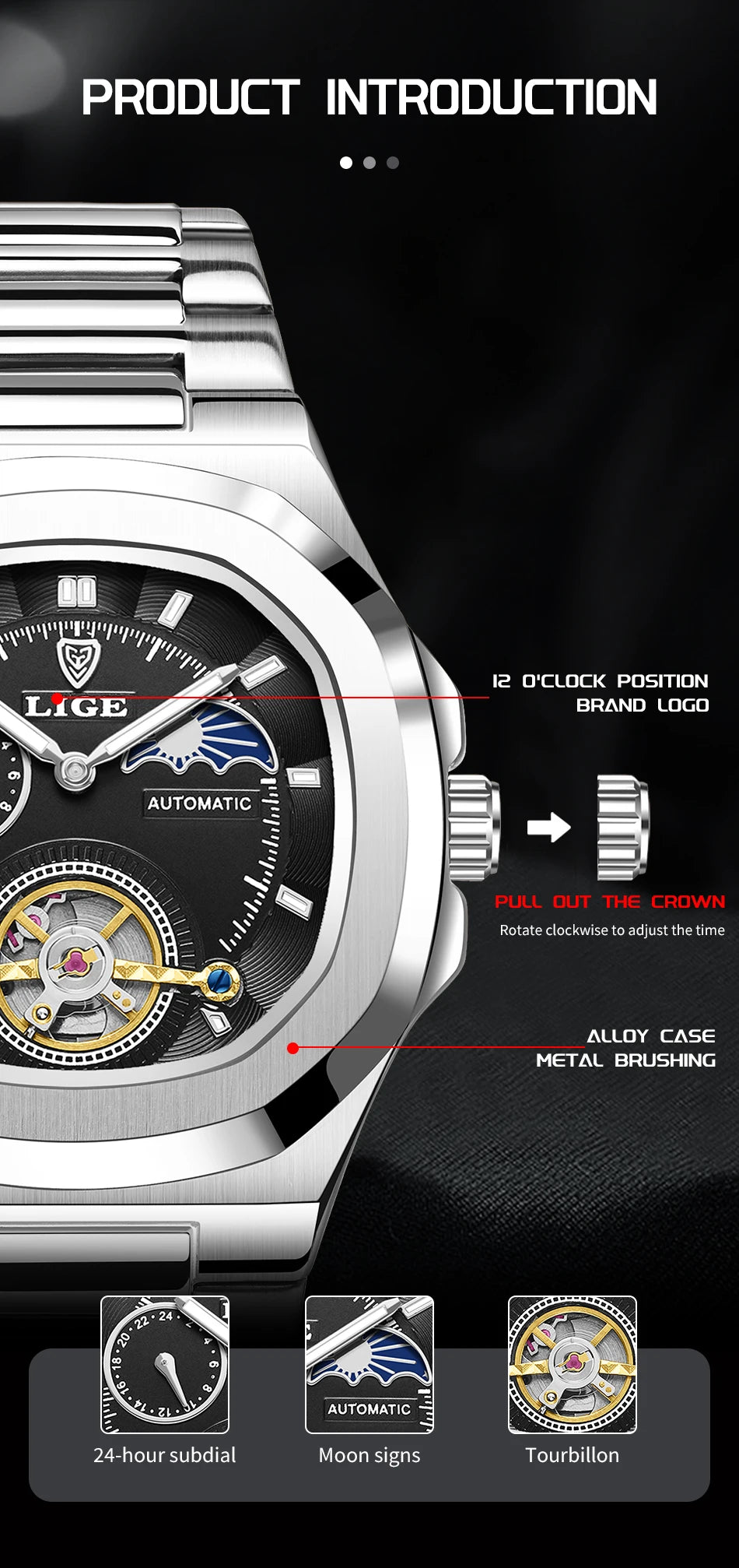 LIGE Dual Seconds Tourbillon Watch – Men's Stainless Steel Mechanical Timepiece, 24H, Night Glow, Waterproof