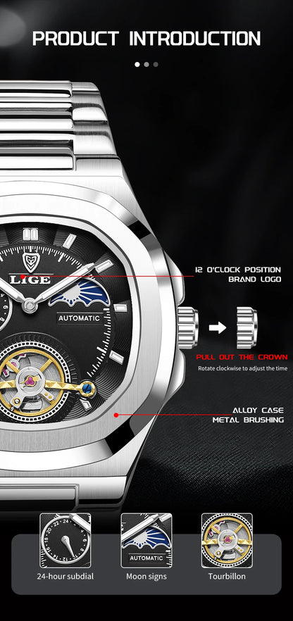 LIGE Dual Seconds Tourbillon Watch – Men's Stainless Steel Mechanical Timepiece, 24H, Night Glow, Waterproof