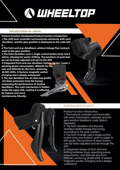 WHEELTOP EDS TX Wireless Electronic Road Bike Groupset — Carbon, Rim & Disc Brake Compatible, Shifters with Front & Rear Derailleur