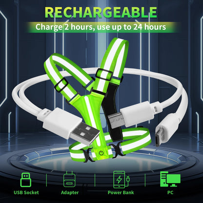 LED Running Vest – USB Rechargeable Reflective Glowing Straps for High Visibility Night Running & Cycling, Elastic Safety Band