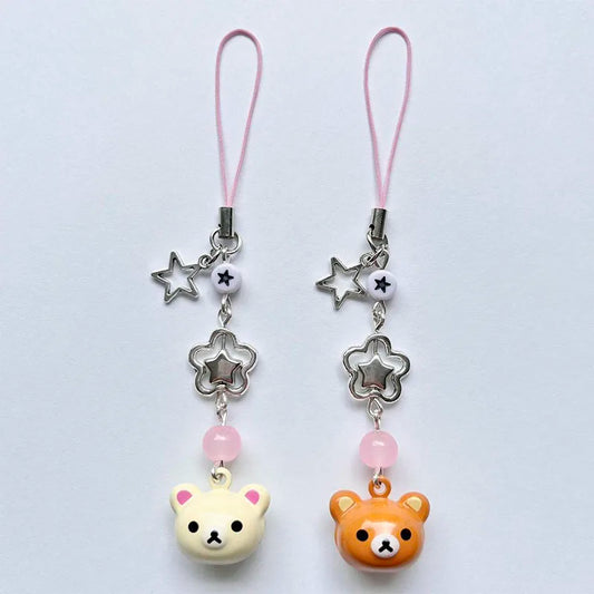 Cute Rilakkuma Bear Bell Phone Charm – Y2K Handmade Star Hanging Chain, Kawaii Beaded Mobile Pendant, Keychain & Cardbook Decoration