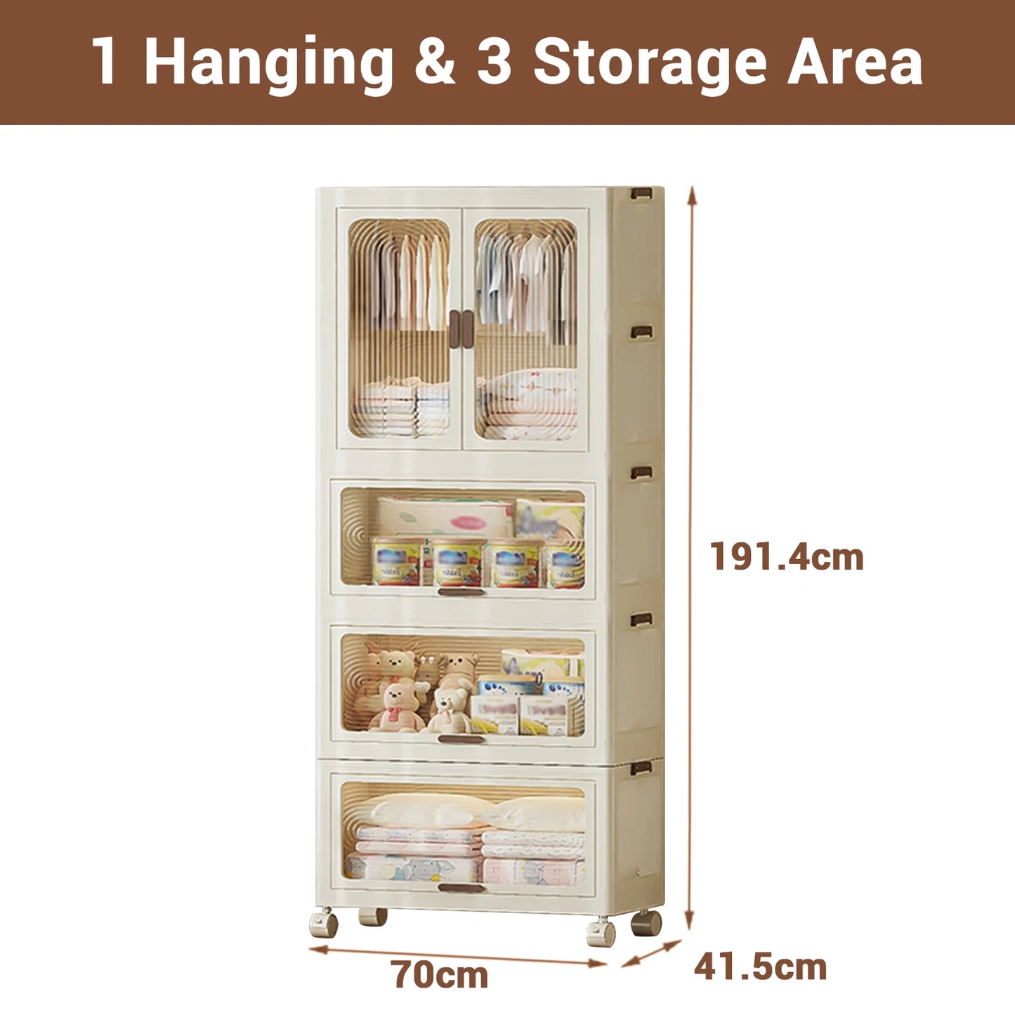 Plastic Wardrobe Closet — 27.6" Wide Stackable Multi-Layer Storage Bins with Lids & Wheels, Collapsible Drawer Organizer
