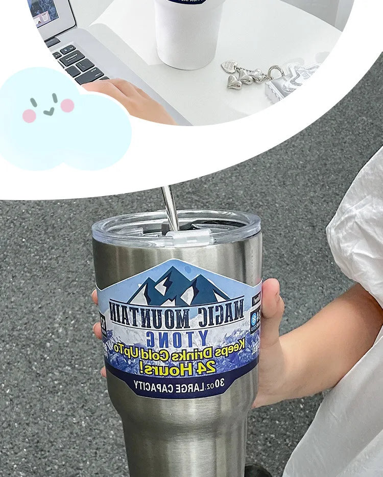 Magic Stainless Steel Thermos Cup with Straw – Vacuum Insulated Ice Coffee Travel Bottle for Car, Outdoor & Mountain Use