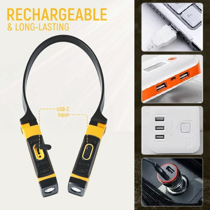 Rechargeable LED Neck Light Book Light - 2 Brightness Levels, Bendable Arms for Reading, Camping, Repairing
