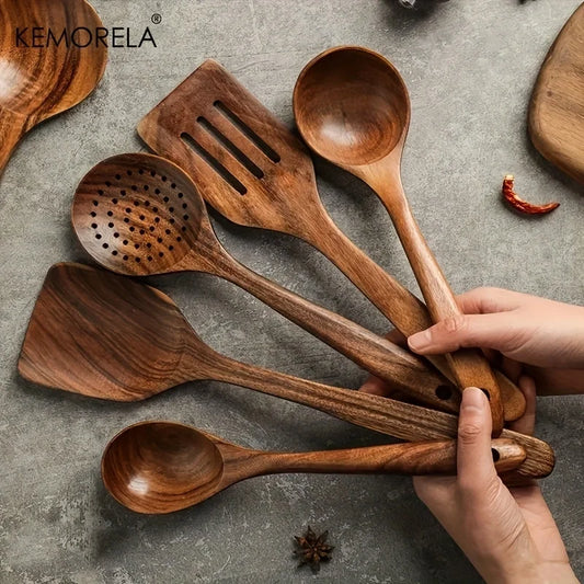 5PCS Thailand Teak Wooden Cooking Spoon Set – Natural Kitchen Ladle, Turner, Rice Colander & Soup Skimmer Utensils