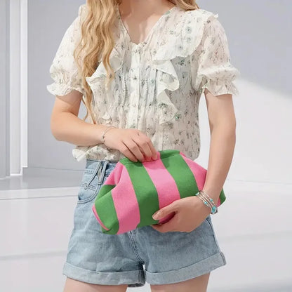 Summer Woven Crochet Clutch Bag – Women’s Cute Ruched Cloud Handbag, Casual Colorblock Purse