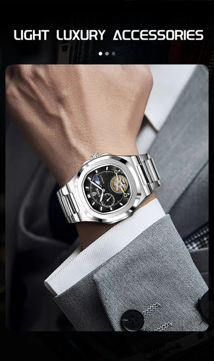 LIGE Dual Seconds Tourbillon Watch – Men's Stainless Steel Mechanical Timepiece, 24H, Night Glow, Waterproof