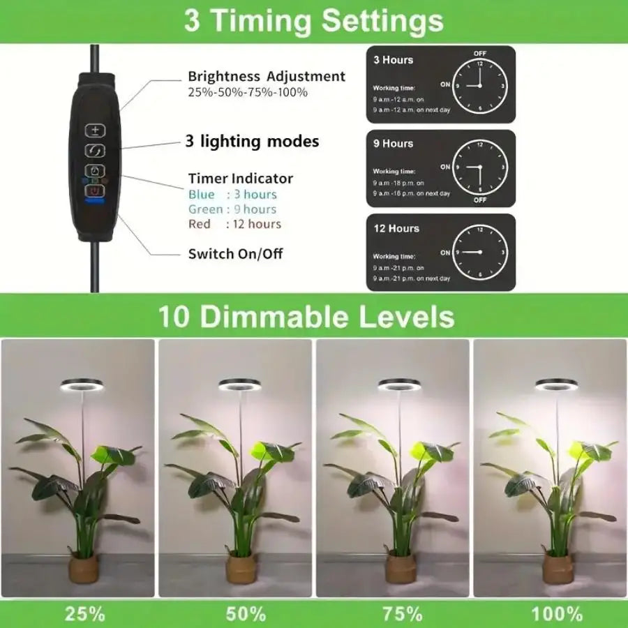 Height Adjustable LED Grow Light — Full Spectrum Plant Growing Lamp with 3 Timers for Indoor Large Plants
