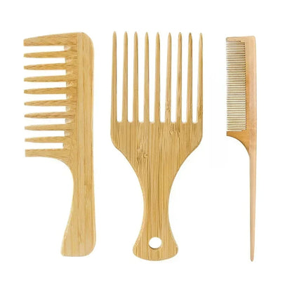 Natural Bamboo Wooden Hair Comb – Anti-Static Afro Fork, Wide Tooth Round Comb & Hair Brush for Women