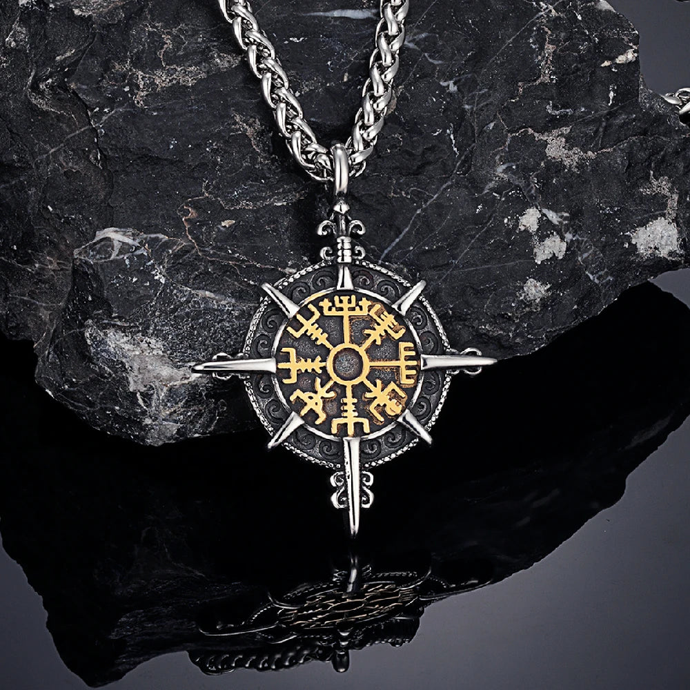 Retro Gold Viking Compass Necklace – Antique Stainless Steel Norse Rune Vegvisir Amulet Pendant for Men