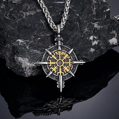 Retro Gold Viking Compass Necklace – Antique Stainless Steel Norse Rune Vegvisir Amulet Pendant for Men