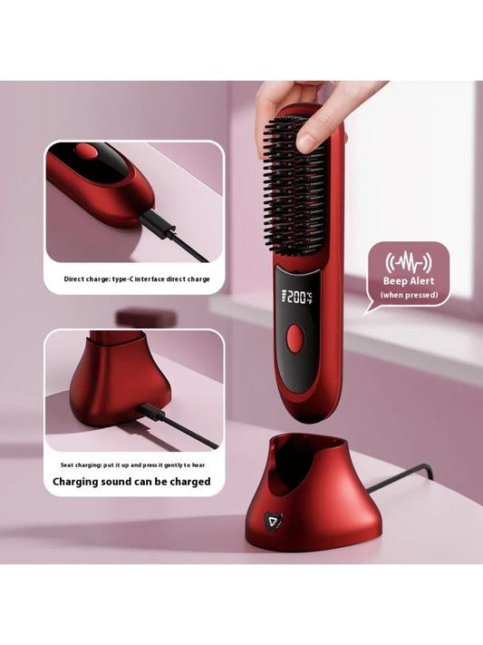 Wireless Negative Ion Hair Straightening Comb – Portable Straightener & Curling Tool