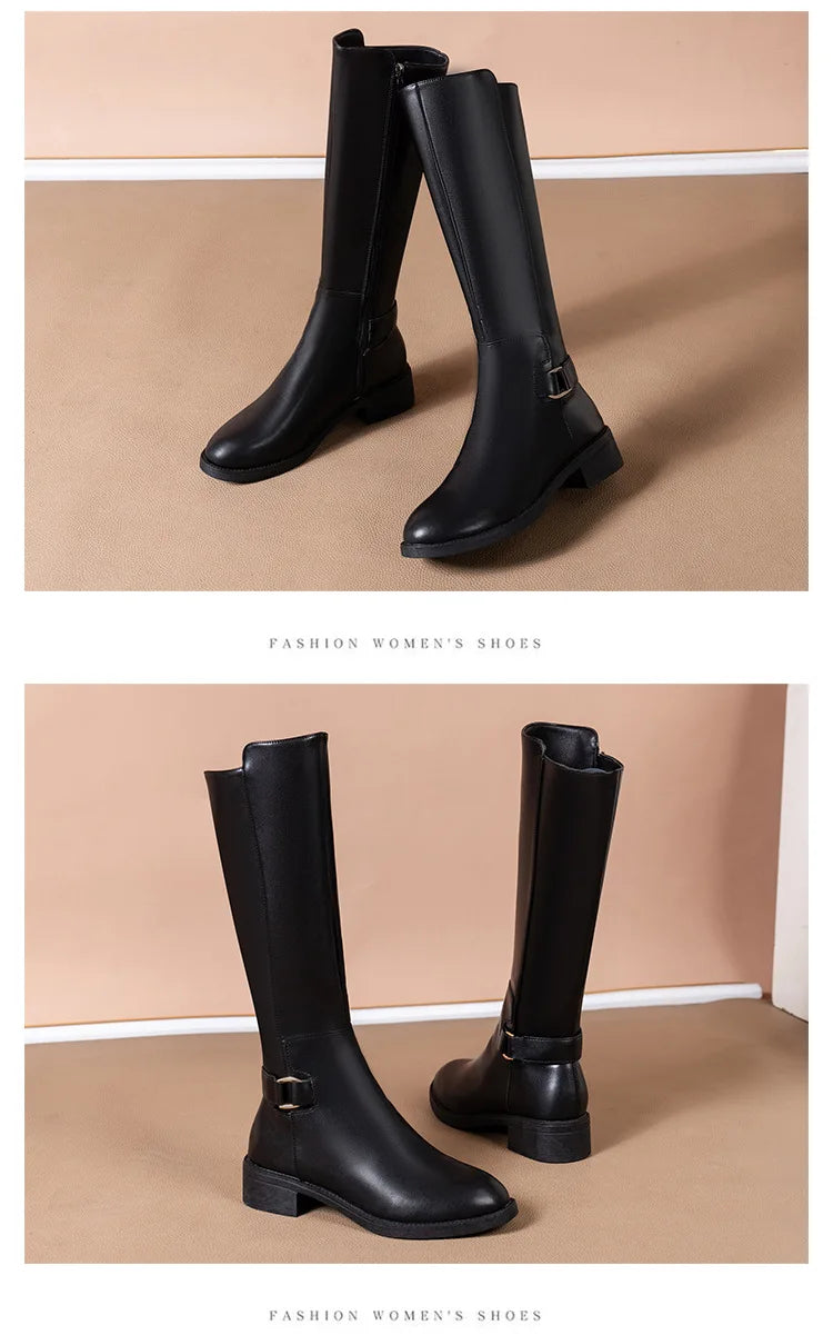 Women’s Black PU Leather Knee-High Boots – Metal Buckle, Fashion Outdoor Long Shoes, Size 34-41
