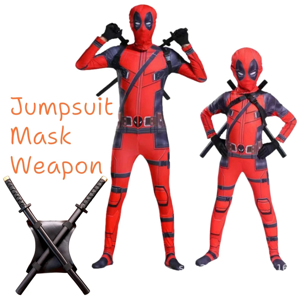 Adult & Kids Deadpool Cosplay Costume – Superhero Jumpsuit with Mask & Swords for Boys
