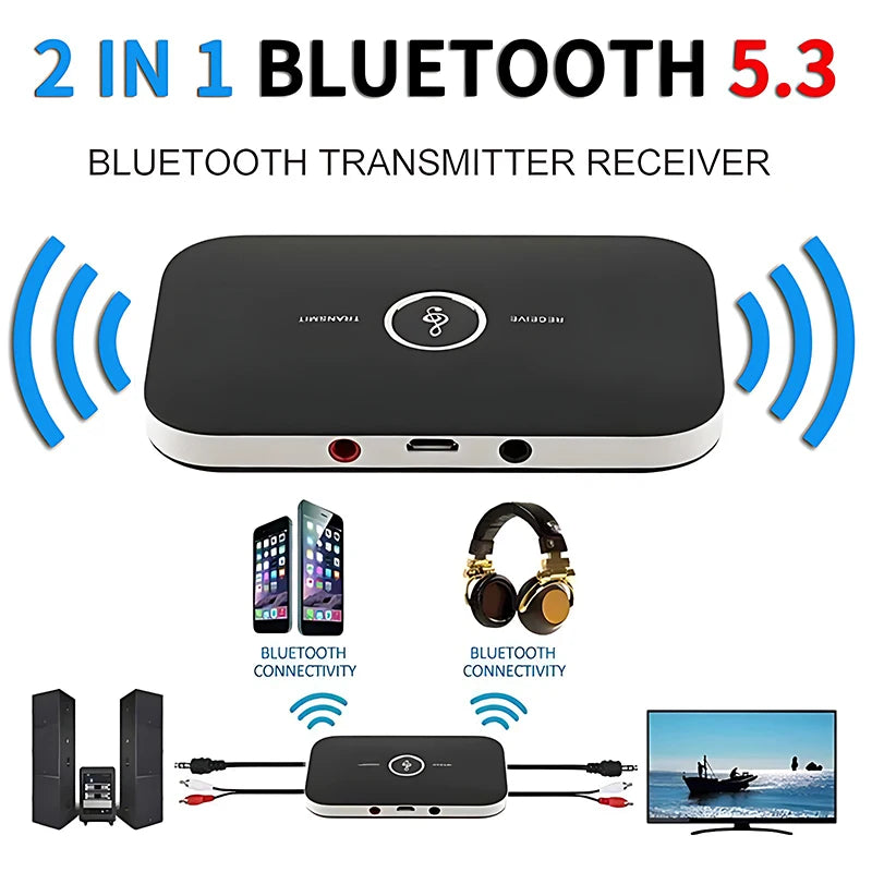 Upgraded Bluetooth 5.3 Audio Transmitter & Receiver – RCA, 3.5mm AUX, USB Wireless Adapter for Car, PC, TV & Headphones