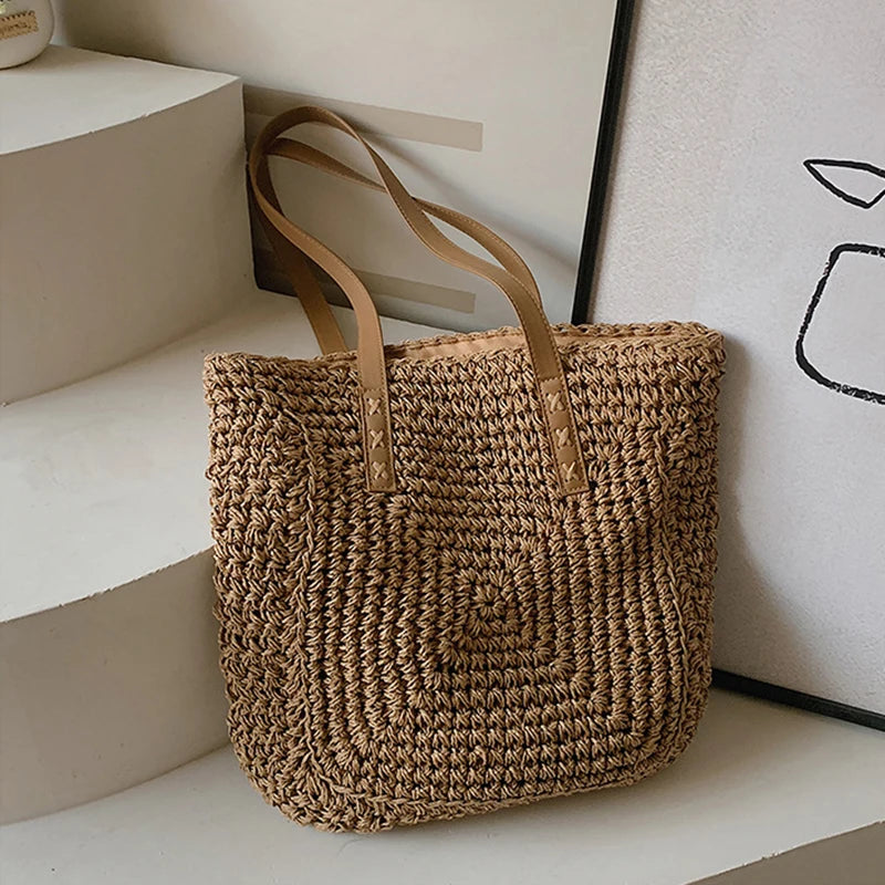 Handmade Woven Straw Beach Bag – Large Capacity Women’s Raffia Shoulder Tote for Summer Travel