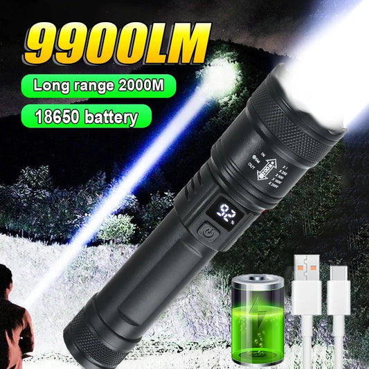 9900LM Powerful LED Flashlight – USB Rechargeable with Battery Display, Telescopic Zoom Torch for Outdoor Camping and Fishing