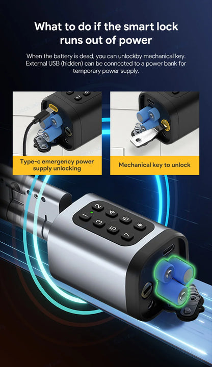 V1 Pro+ Smart Door Lock – TUYA App Adjustable Fingerprint, Password & RFID Cylinder for Home Security