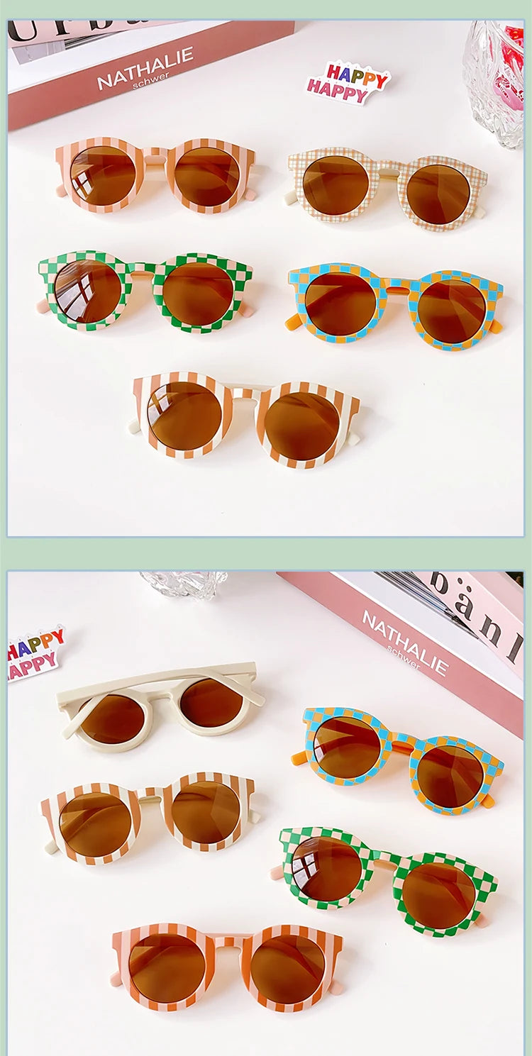2023 Kids Checker Panel Round Sunglasses – Cute UV400 Sun Protection for Baby Girls & Children Outdoor Wear