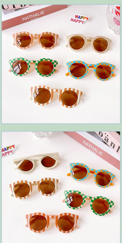 2023 Kids Checker Panel Round Sunglasses – Cute UV400 Sun Protection for Baby Girls & Children Outdoor Wear