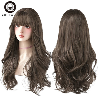 7JHH WIGS Popular Brown Ash Long Deep Wave Hair Lolita Wigs: Synthetic Wig with Bangs, Fashionable Thick Curls for Women & Girls