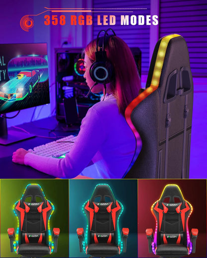 RGB Gaming Chair with LED Lights – Ergonomic PU Leather High Back Reclining Office Chair with Headrest