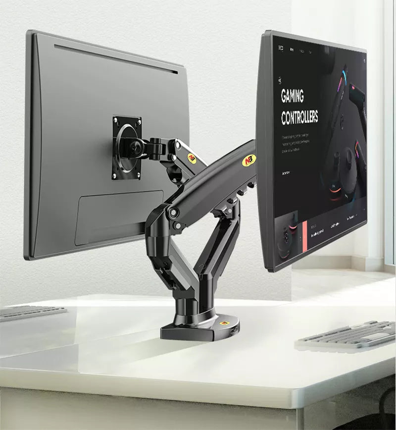 Desktop Dual Arm Gas Spring Monitor Holder + Laptop Stand | NB F160 + FP-2 | 17"-27" Monitor, 10"-17" Laptop Support | Air Press Mount Stand