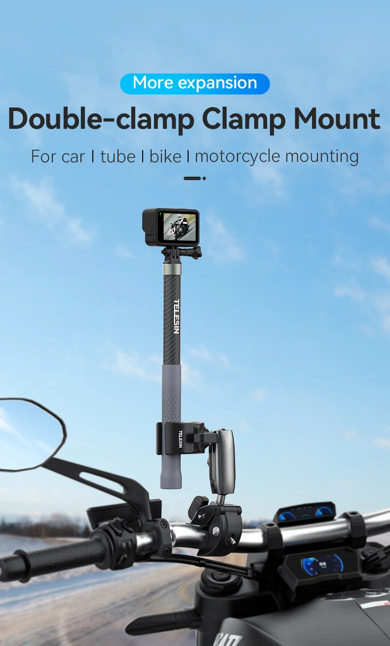 TELESIN Motorcycle Bike Monopod, Panoramic Handlebar Mount, Invisible Selfie Stick Bracket for GoPro Hero, DJI, Insta360