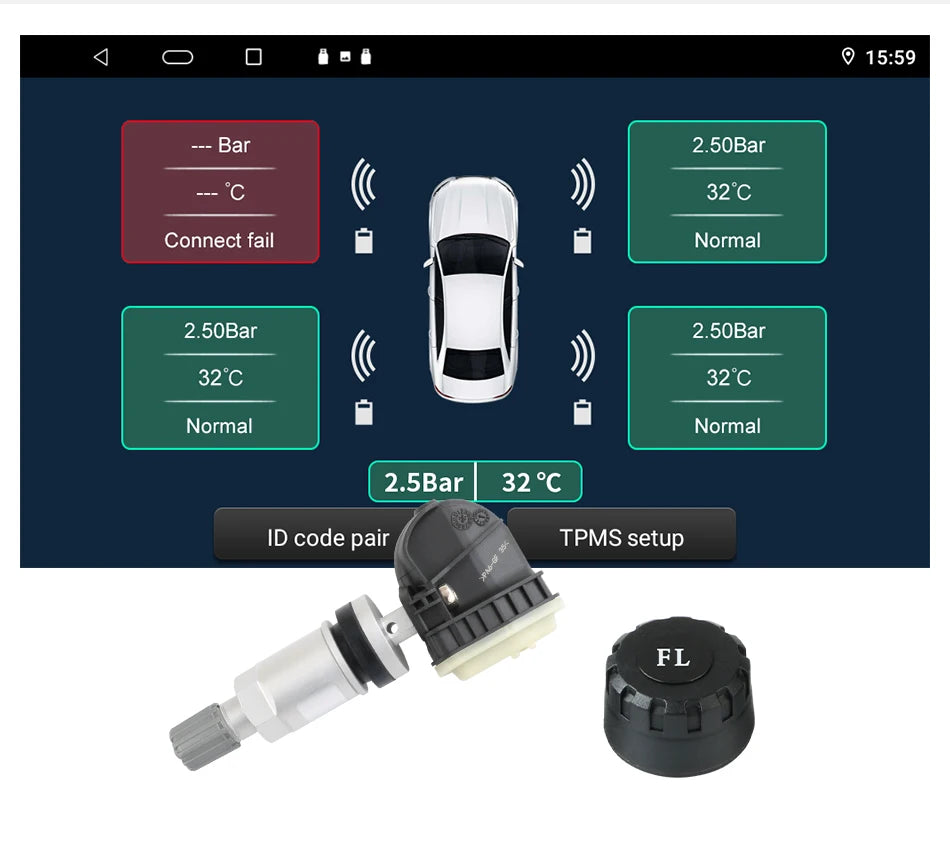 JMCQ USB Android TPMS Tire Pressure Monitoring System – 5 Internal/External Sensors with Display & Alarm for Car Navigation Radio