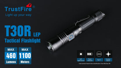 Trustfire T30R Tactical Flashlight – 460 Lumen High-Power LED USB Rechargeable Torch with 18650 Battery