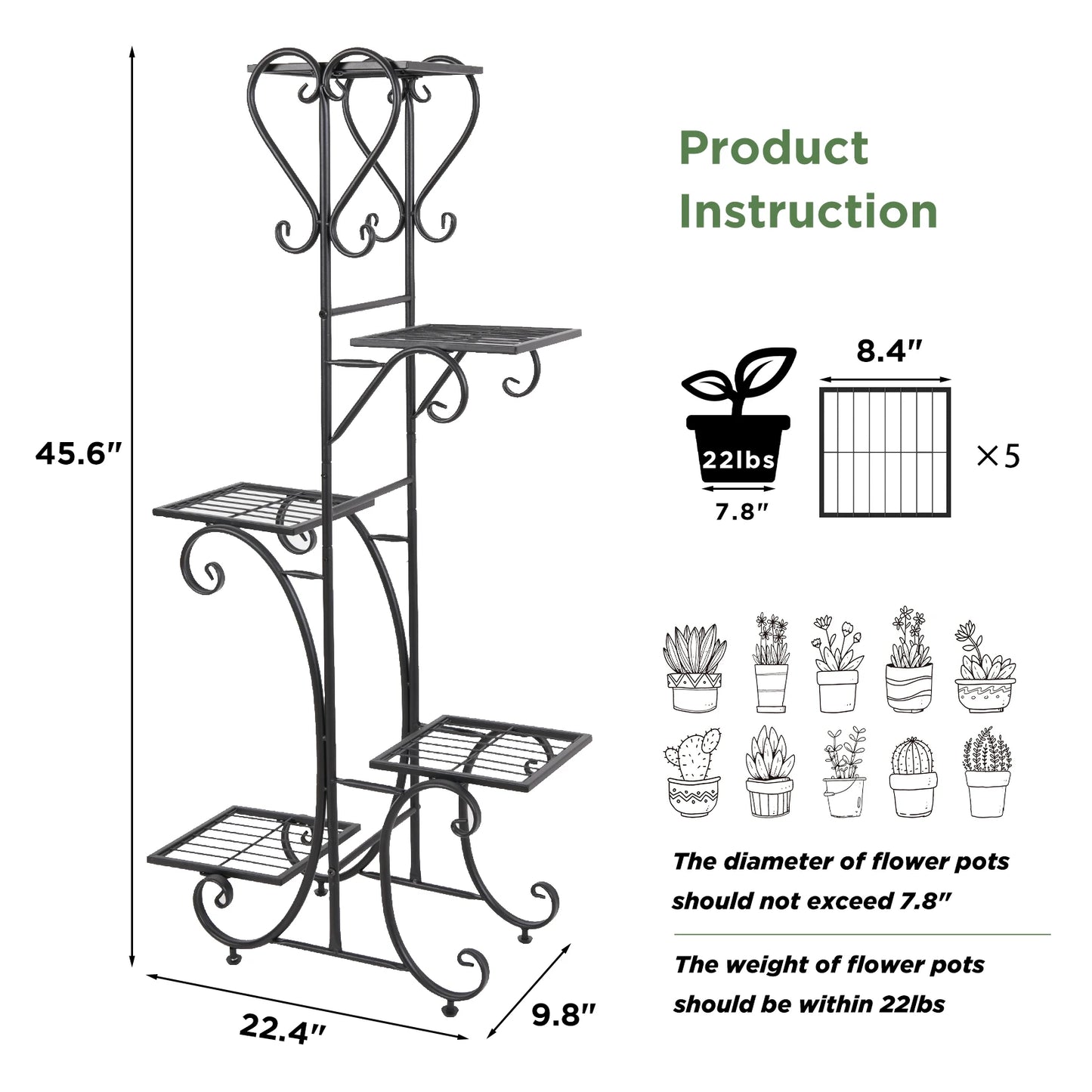 5-Tier Tall Metal Plant Stand Rack – Garden Flower Pot Display Shelf for Indoor & Outdoor Use