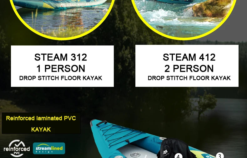 AQUA MARINA STEAM Inflatable Sport Kayak – 1-2 Person PVC Canoe Dinghy ...