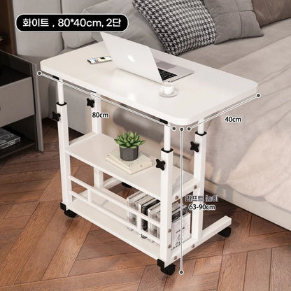 Double-Layer Movable Desk – Bedside Laptop Table with Storage Shelf, White Lift Office & Bedroom Desk