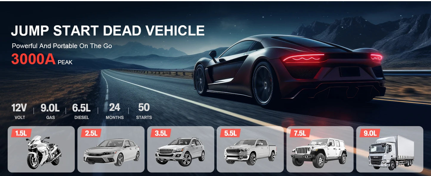 GOOLOO A3 3000A Jump Starter with Air Compressor – Portable Car Battery Booster for 9.0L Gas & 6.5L Diesel, 150PSI with Auto Shut-Off