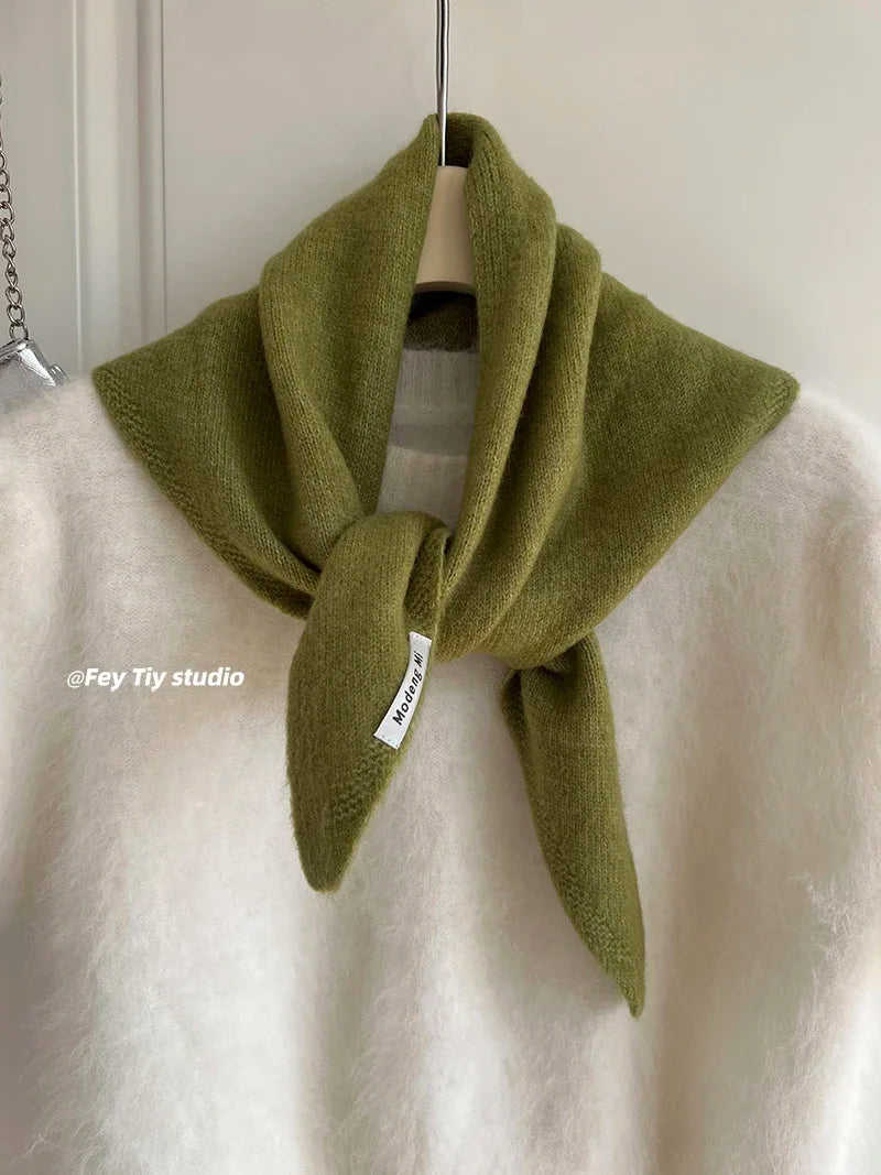 British Korean Style Wool Knitted Triangular Scarf – Multi-Functional Headscarf, Warm Knit Scarf for Women