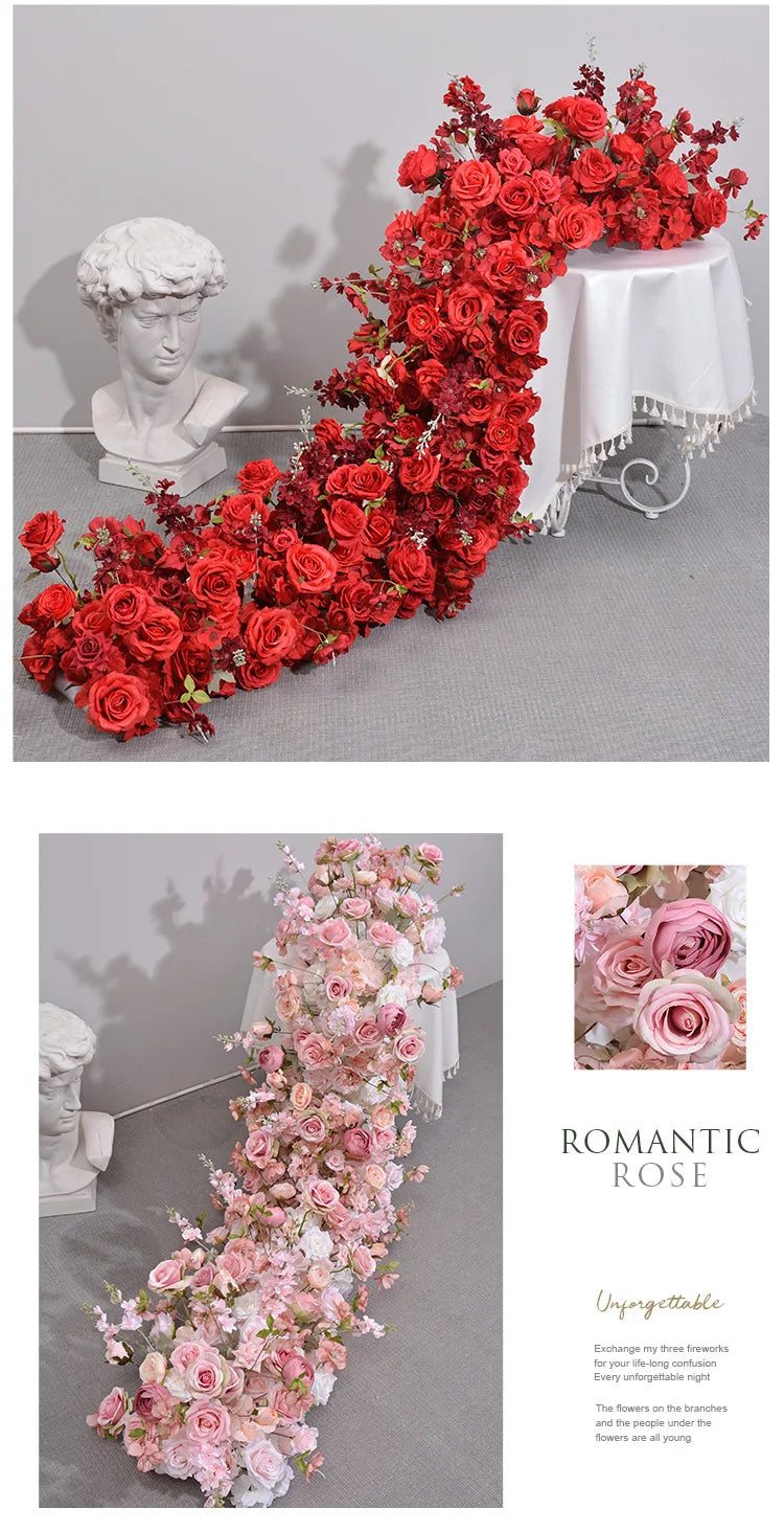 Pink Rose Artificial Flower Row – Large Floral Runner for Wedding Backdrop, Party Decor & Showcase Display Prop