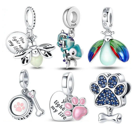 Fit Pandora 925 Silver Bracelets - Luminous Firefly, Chameleon, Aircraft & Butterfly Charms for DIY Jewelry Gift