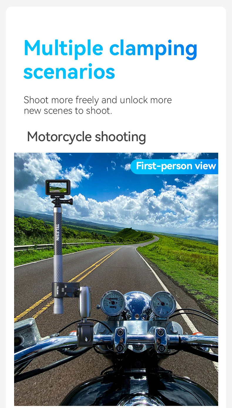 TELESIN Motorcycle Bike Monopod, Panoramic Handlebar Mount, Invisible Selfie Stick Bracket for GoPro Hero, DJI, Insta360