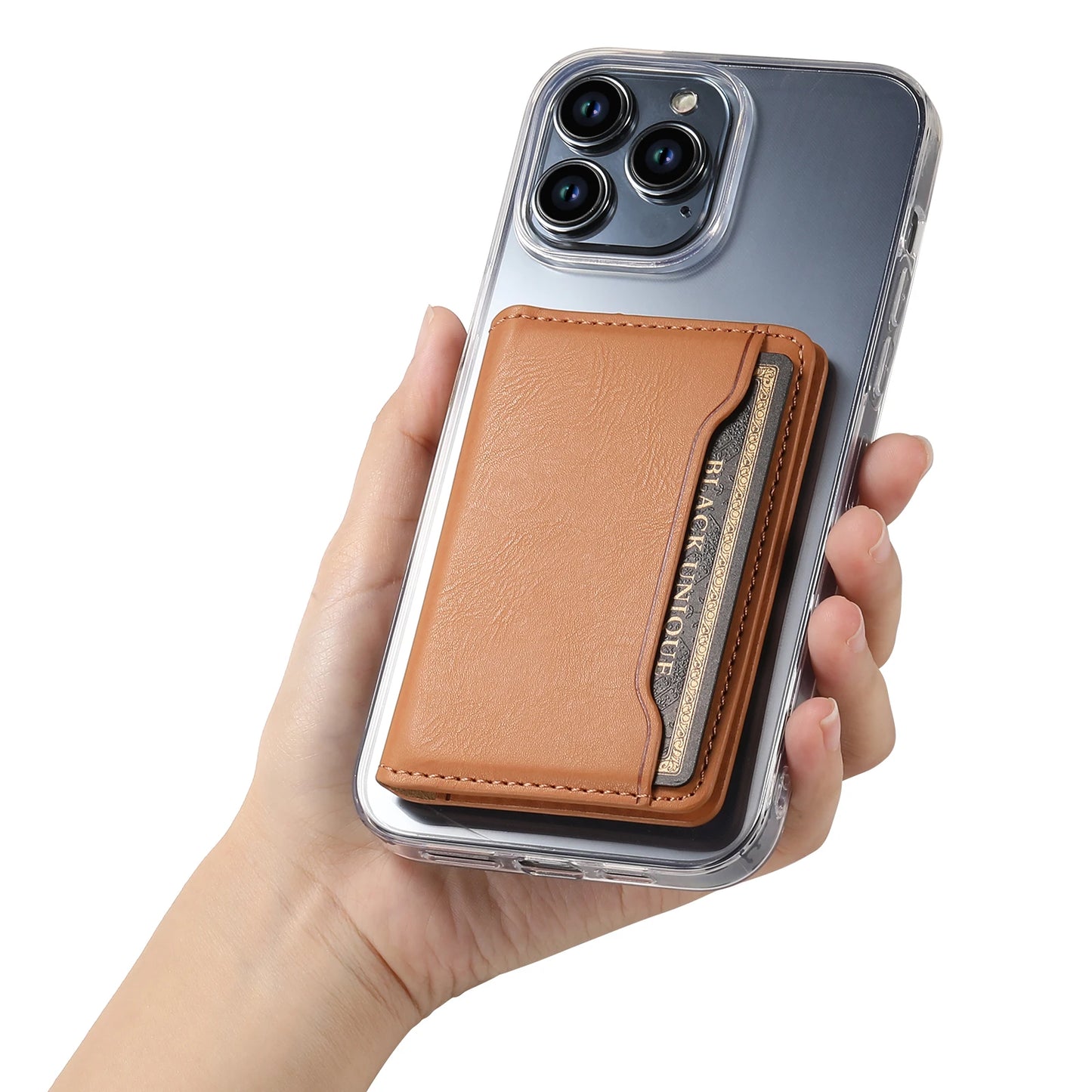 Magnetic Cowhide Leather Mobile Phone Card Holder: Compatible with iPhone 12, 13, 11, 14, 15 Pro Max Plus - Magsafe Wallet Case for Bank Cards and IDs