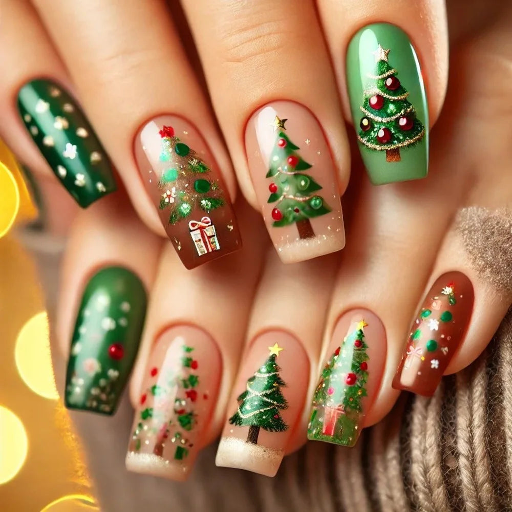 Medium Long Christmas Fake Nails – Square & Almond Tips with Tree, Snowflake & Snowman Designs