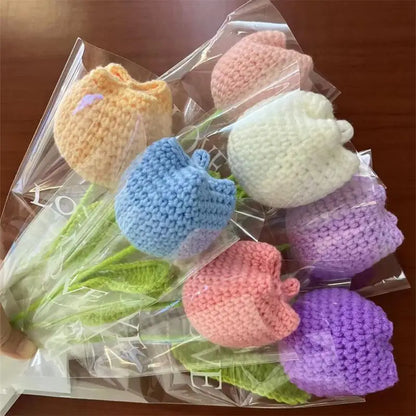 Hand-Knitted Rose, Tulip & Sunflower Bouquet – Crochet Simulation Floral Arrangement for Home Table Decor