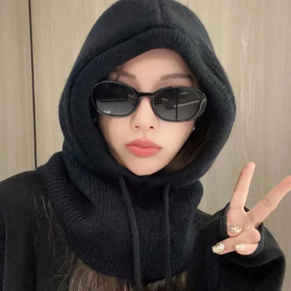 Knitted Hooded Balaclava Caps – Winter Korean Style Outdoor Warmer, One-Piece Neck Collar Beanie Hat for Women