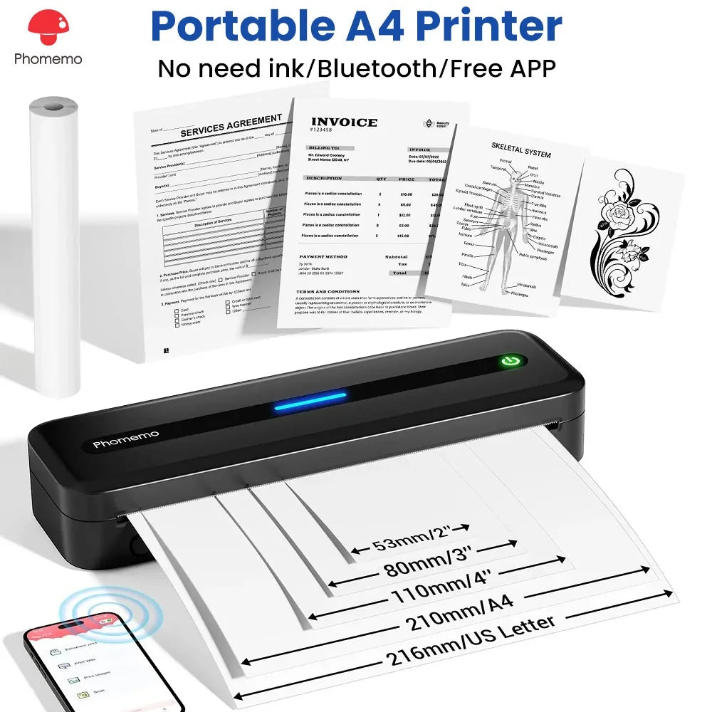 New A4 Portable Wireless Printer M832 – Inkless Thermal 300DPI Mobile Printer for Travel, Work & Home, Android & iOS Support