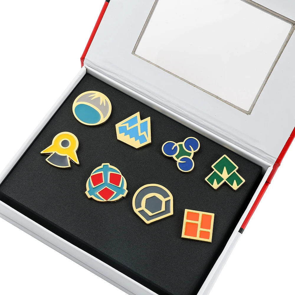 Pokémon Gym Badges Collection Box Set – Pins & Brooches from Kanto, Johto, Hoenn, Sinnoh, Unova, Kalos & Orange Islands Regions
