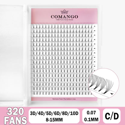 CoMango Wispy Premade Volume Lash Fans – 3-10D Individual Short Stem Faux Mink Russian Eyelash Extensions, 320 Fans