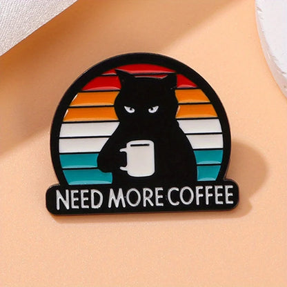 "Need More Coffee" Black Cat Brooch — Funny Coffee-Themed Letter Pin Badge